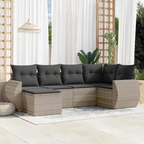 Ensemble Salon de Jardin 6 Places en Résine Tressée Gris Clair avec Coussins - Canapé d'Angle, Central, Accoudoirs et Pouf Modulable