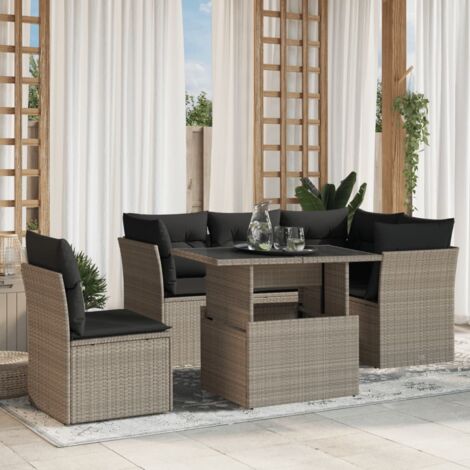 Ensemble salon de jardin 6 places en résine tressée gris clair avec coussins et table relevable - Matériau durable, confortable, modulable
