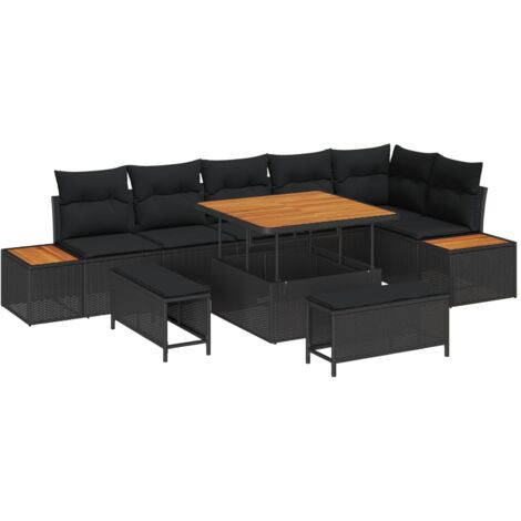 Ensemble Salon de Jardin 6 Places Modulable en Polyrotin Noir avec Coussins