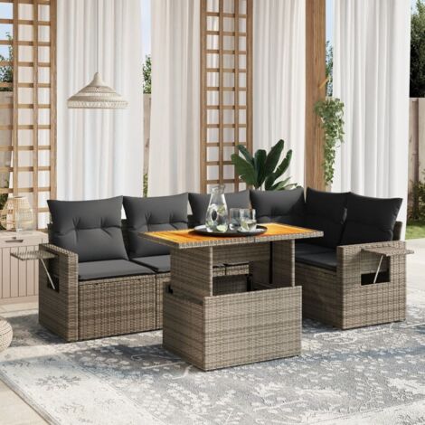Ensemble Salon de Jardin 6 Places Résine Tressée Gris avec Coussins, Table Réglable et Design Modulaire