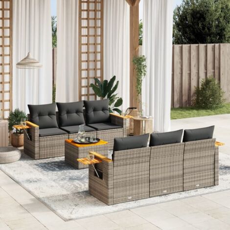 Ensemble salon de jardin 6 places résine tressée gris avec table bois acacia et coussins amovibles