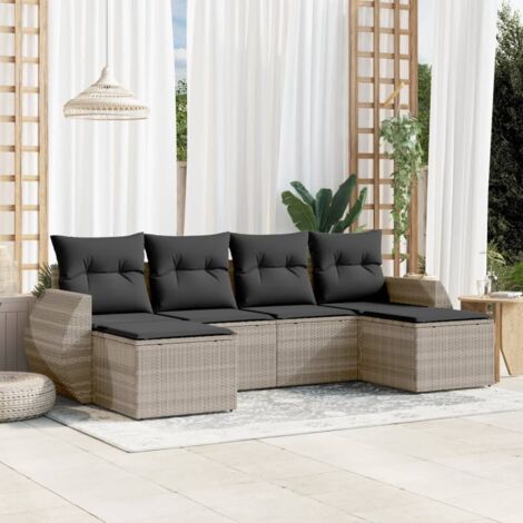 Ensemble salon de jardin 6 places résine tressée gris clair avec coussins, tabourets et rangement