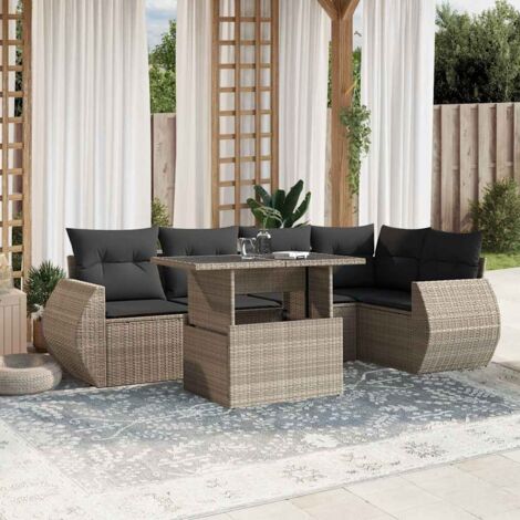 Ensemble salon de jardin 7 pièces avec coussins en résine tressée gris clair - Canapé angle, fauteuils et table modulables