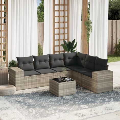Ensemble Salon de Jardin 7 Pièces avec Coussins en Résine Tressée Gris Clair et Table en Verre Trempé, 6 Places avec Sièges Modulaires de Rangement et Housse Imbattable