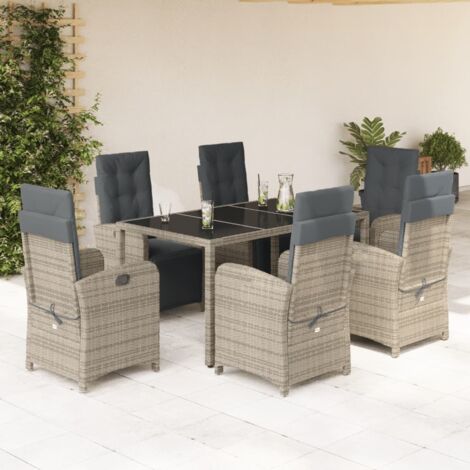 Ensemble Salon de Jardin 7 Pièces en Résine Tressée Gris avec Coussins, Verre Trempé, Chaises Inclinables - Table 150x90 cm