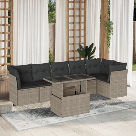Ensemble Salon de Jardin 7 Pièces en Résine Tressée Gris Clair avec Coussins, Table Amovible et Sièges Modulaires