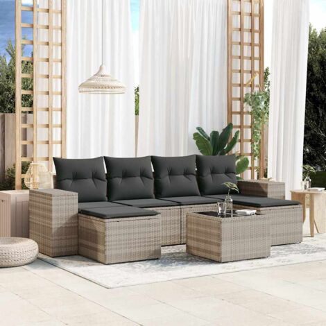 Ensemble Salon de Jardin 7 Pièces Gris Clair Résine Tressée avec Coussins