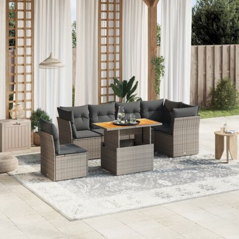 Ensemble salon de jardin 7 pièces gris résine tressée avec coussins et table extensible, sièges modulaires confortables pour terrasse et patio.