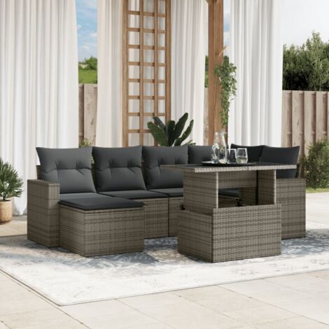 Ensemble Salon de Jardin 7 Pièces Gris Résine Tressée avec Coussins et Table Réglable Modulable