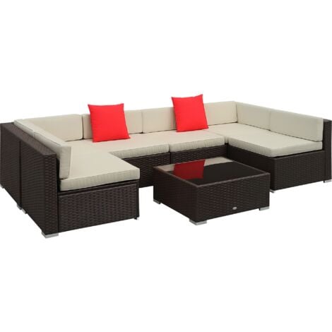 Ensemble salon de jardin 7 pièces modulables table basse plateau verre trempé coussins déhoussables inclus résine tressée imitation rotin brun foncé