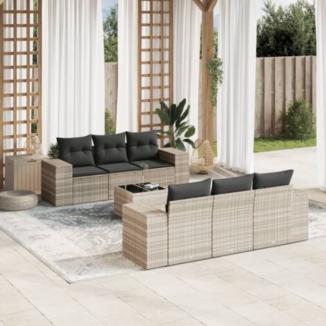 Ensemble salon de jardin 7 pièces résine tressée gris clair avec coussins amovibles et rangement intégré