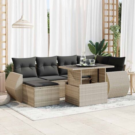 Ensemble Salon de Jardin 7 Pièces Résine Tressée Gris Clair avec Coussins Amovibles, Table Réglable et Rangement Etanche