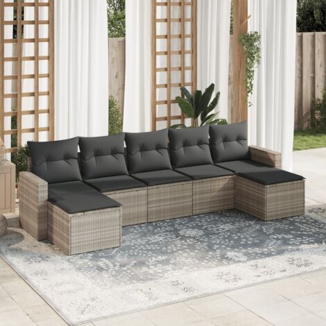 Ensemble salon de jardin 7 pièces résine tressée gris clair, coussins gris foncé, modulaire