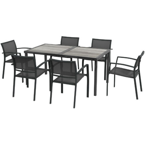 Ensemble salon de jardin 7 pièces table 6 chaises pliantes métal époxy textilène anthracite