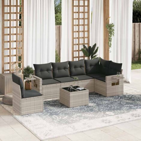 Ensemble Salon de Jardin 7 Places en Résine Tressée Gris Clair avec Coussins et Table en Verre Trempé - Mobilier d'Extérieur Modulaire