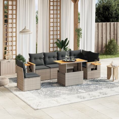 Ensemble Salon de Jardin 7 Places en Résine Tressée Grise avec Coussins Modulables, Table Réglable et Accoudoirs Acacia