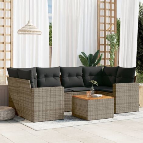 Ensemble salon de jardin 7 places gris résine tressée poly rotin avec coussins et table acacia - Canapés modulables pour terrasse, patio, jardin