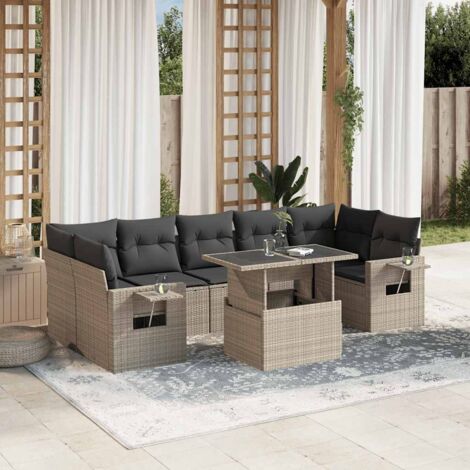 Ensemble salon de jardin 8 pièces en résine tressée gris clair avec coussins et table extensible