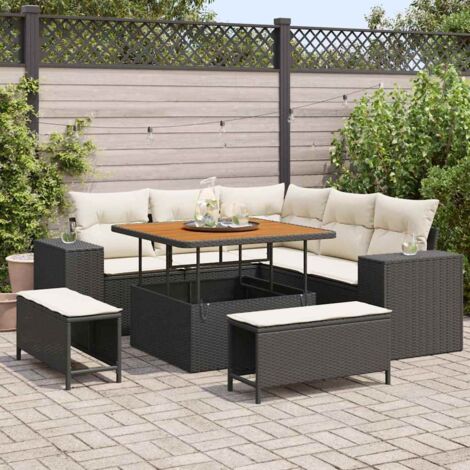 Ensemble Salon de Jardin 8 Pièces Noir en Polyrotin avec Coussins, Table Basse Réglable, Mobilier d'Extérieur Modulable et Résistant aux Intempéries