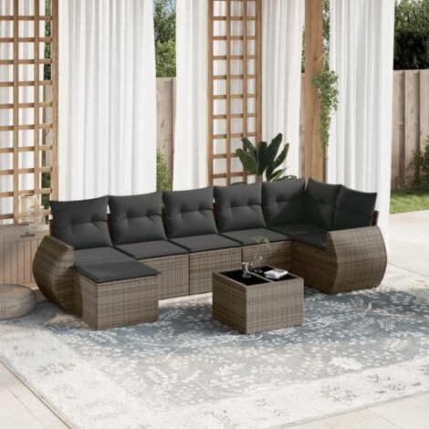 Ensemble salon de jardin 8 pièces résine tressée gris canapés d'angle avec accoudoirs repose-pied table verre trempé coussins amovibles