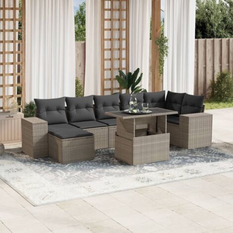 Ensemble Salon de Jardin 8 Pièces Résine Tressée Gris Clair avec Table Réglable et Coussins Anthracite