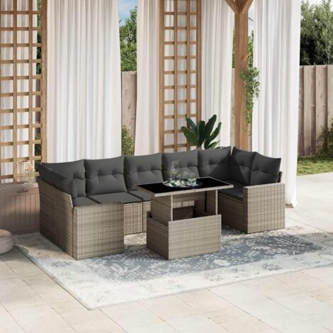 Ensemble Salon de Jardin 8 Pièces - Résine Tressée Gris Clair avec Table Réglable et Coussins Anthracite Déhoussables
