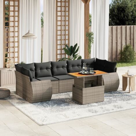 Ensemble salon de jardin 8 places en résine tressée gris avec table extensible et coussins lavables