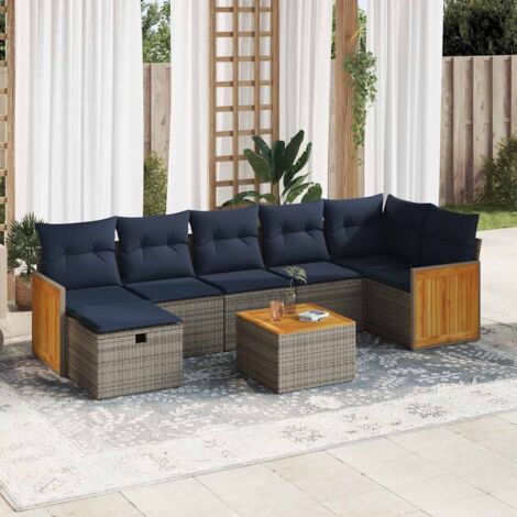 Ensemble salon de jardin 8 places gris résine tressée avec rangement intégré et coussins bleu marine, inclut table acacia et pouf modulable