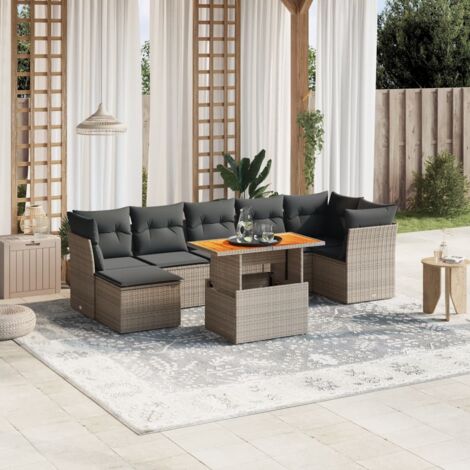 Ensemble salon de jardin 8 places résine tressée gris avec coussins amovibles, table en bois d'acacia massif