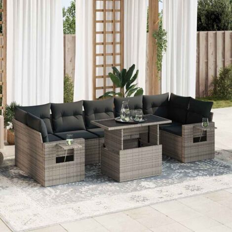 Ensemble salon de jardin 8 places résine tressée gris avec table réglable, rangement et coussins amovibles