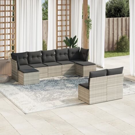 Ensemble Salon de Jardin 9 Pièces en Résine Tressée Gris Clair avec Coussins - 5 Sièges Centraux, 2 Sièges d'Angle, 2 Tabourets et 18 Coussins Amovibles