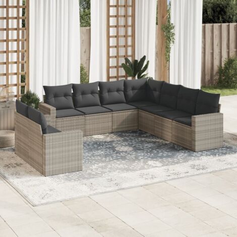 Ensemble salon de jardin 9 pièces en résine tressée gris clair avec coussins amovibles