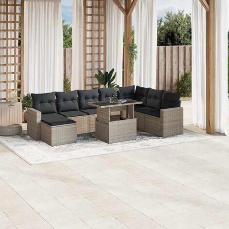 Ensemble Salon de Jardin 9 Pièces en Résine Tressée Gris Clair avec Coussins et Table Réglable - Configuration Modulaire