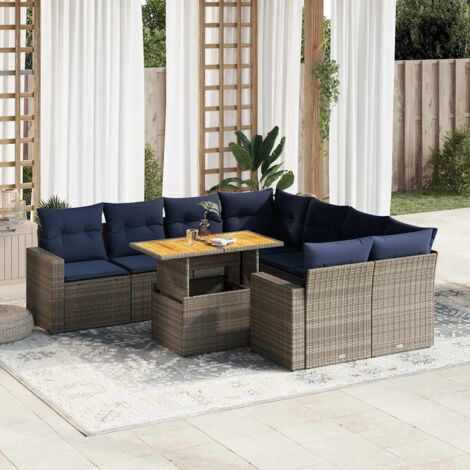 Ensemble salon de jardin 9 pièces en résine tressée grise avec coussins bleu marine, table extensible et rangements intégrés