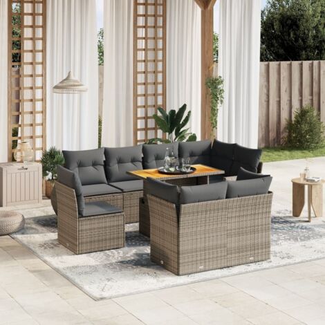 Ensemble Salon de Jardin 9 Pièces Gris Polyrotin Table Réglable Coussins Lavables - Canapé d'Angle + 3 Sièges Centraux + 4 Fauteuils Accoudoirs