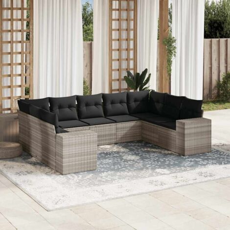 Ensemble Salon de Jardin 9 Pièces Modulaire Résine Tressée Gris Clair et Foncé avec Coussins Amovibles Lavables (2 Canapés, 5 Sièges, 2 Coins)