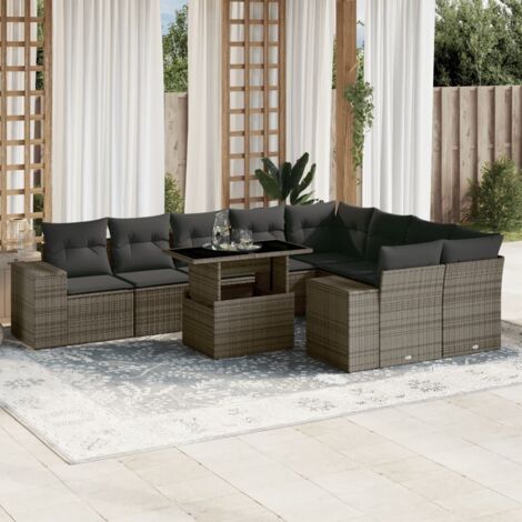 Ensemble salon de jardin 9 places en résine tressée gris avec table extensible verre et coussins amovibles - 2 fauteuils angle + 2 canapés accoudoirs + 5 sièges centraux