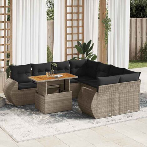 Ensemble salon de jardin 9 places gris résine tressée avec table extensible acacia, coffre de rangement et coussins lavables