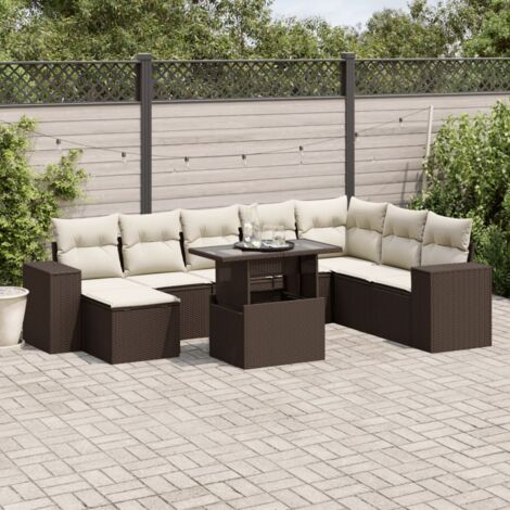Ensemble Salon de Jardin 9 Places Marron en Résine Tressée avec Coussins Crème, Modulable, Table Réglable, Housses Lavables