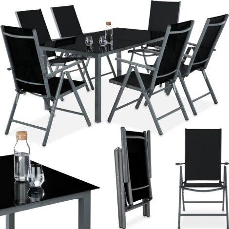 Tectake – Ensemble table et chaise de jardin 6 places – Aluminium revêtu – Table avec verre trempé – Chaises inclinables pliantes confortables