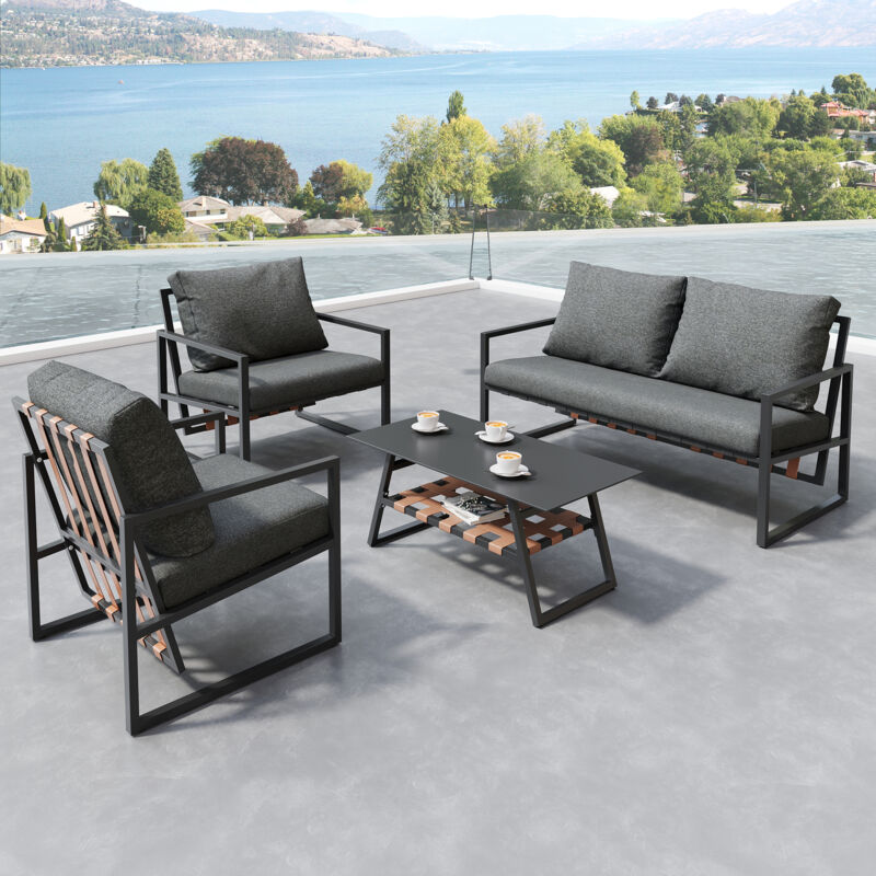 Ensemble Salon de Jardin avec Sofa pour 4 Places - Fauteuil et Table Basse avec Couche de Rangement,Canapés d'extérieur,Noir