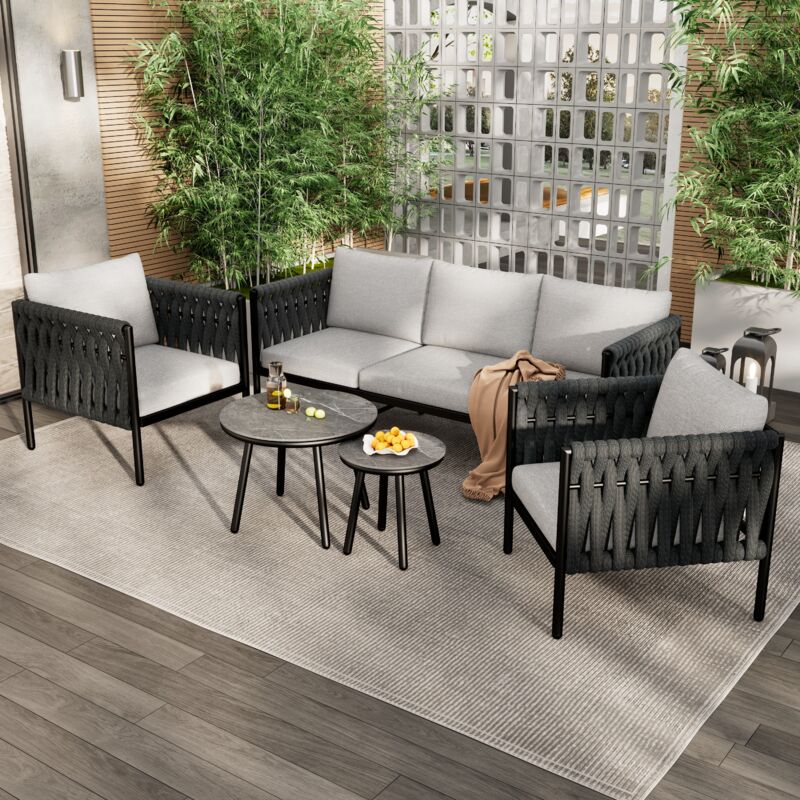 Ensemble salon de jardin avec table et chaises, canapé 3 places rembourré, 2 fauteuils et 2 tables basses, acier galvanisé, gris