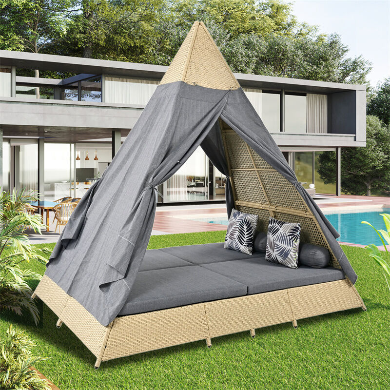 Ensemble salon de jardin, avec tente, en rotin, convient pour 2-4 personnes, tous les coussins inclus, gris