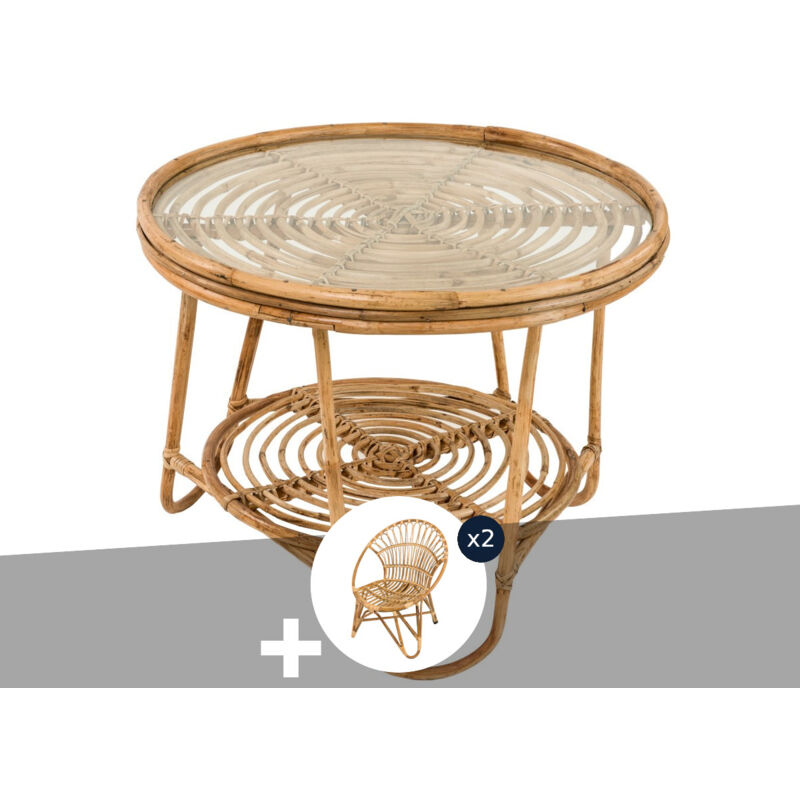 Ensemble salon de jardin bohème, 2 fauteuils rotin rond + table basse Jardiline
