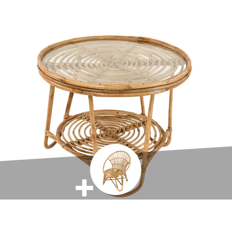 Ensemble salon de jardin bohème, fauteuil rotin rond + table basse Jardiline