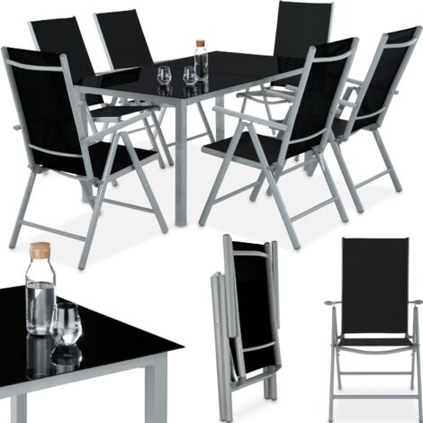 Tectake – Ensemble table et chaises de jardin 6 places – Aluminium revêtu et verre trempé – Chaises pliantes inclinables – Résistant aux intempéries