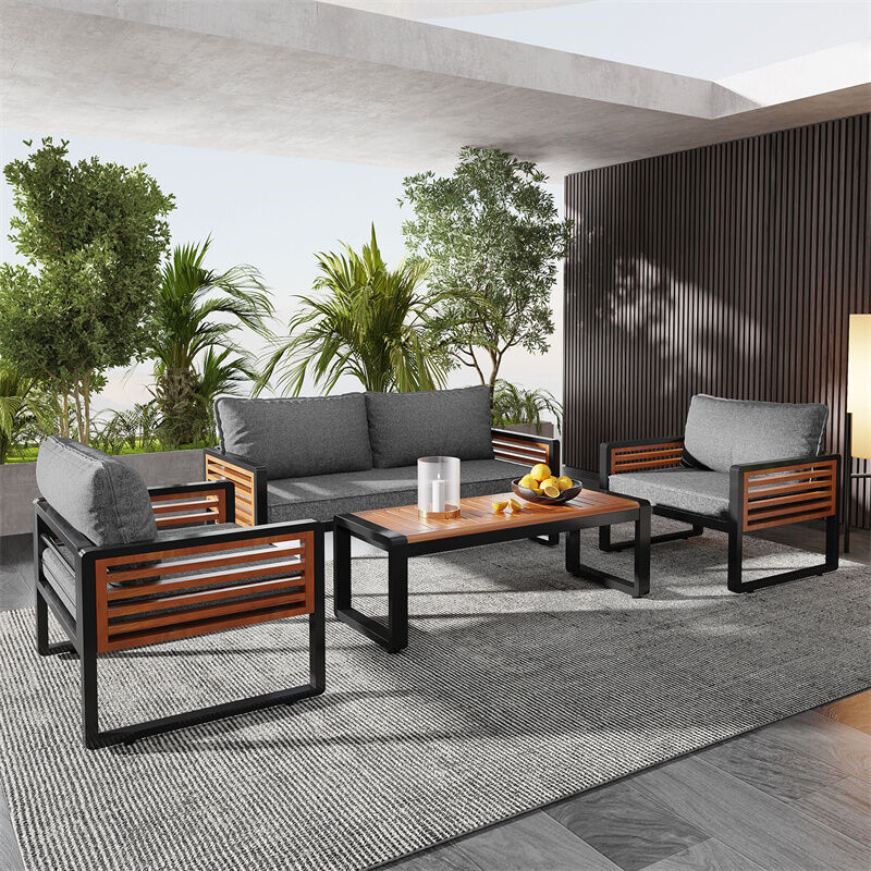 Fortuna Lai - Ensemble salon de jardin, cadre en fer galvanisé, 1x table, 1 canapé x 2 places, 2 chaises, accoudoirs décoratifs en bois gris