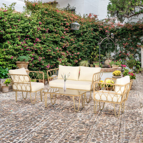 Ensemble salon de jardin canapé 2 places + 2 fauteuils + 1 table basse plateau verre trempé 7 coussins écru