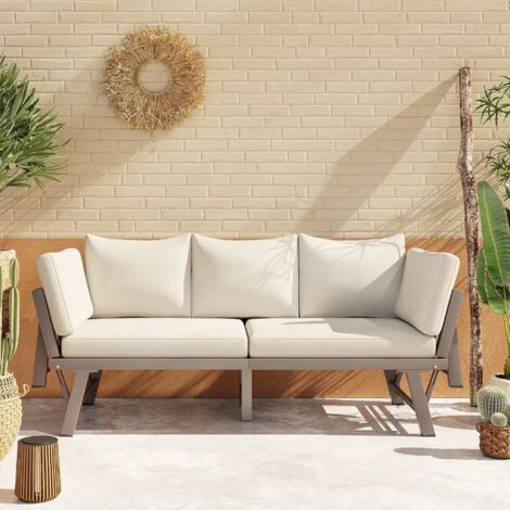 Ensemble salon de jardin, canapé 3 places inclinable, chaise longue avec coussins et accoudoirs rabattables, beige