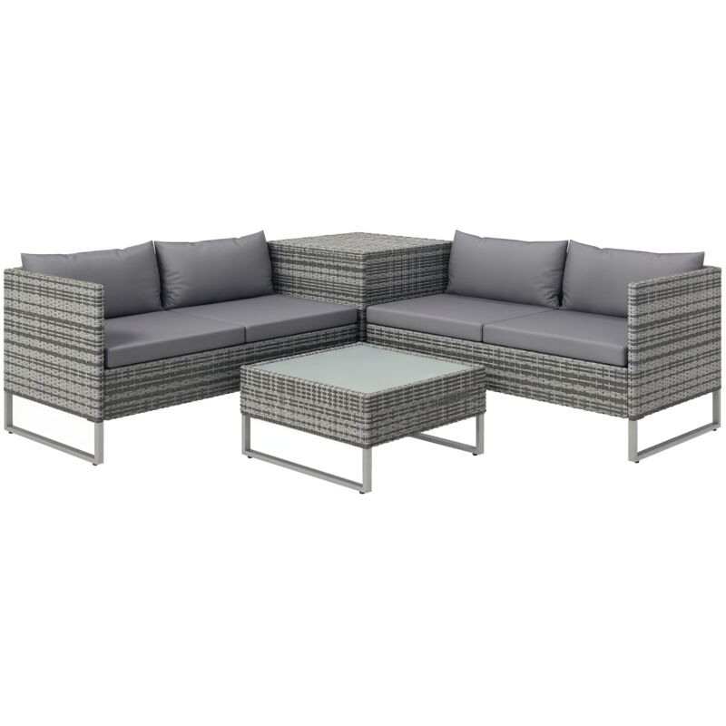 Ensemble salon de jardin d'angle 4 places - table basse, coffre - coussins assise déhoussables - métal époxy résine tressée gris